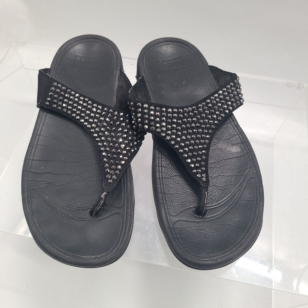 FitFlop Sandals Women 8 Wedge Flip Flop Embellished Suede Black